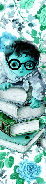Free teacher bookmark featuring a turquoise baby crawling on books